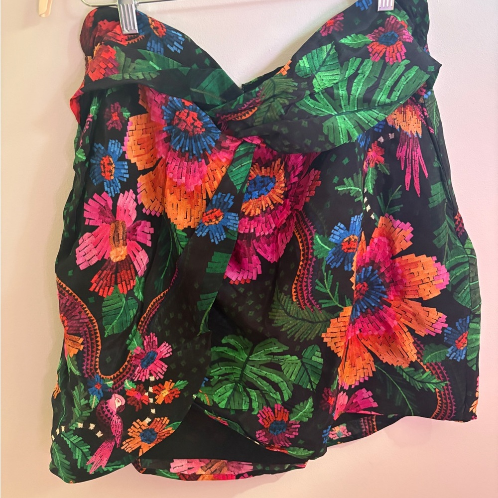 FARM Rio Silk Scarf Floral Mini Skirt in Pink, Orange, and Green